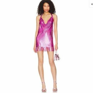 8 Other Reasons Metallic Fuchsia Halter Fringe Mini Dress